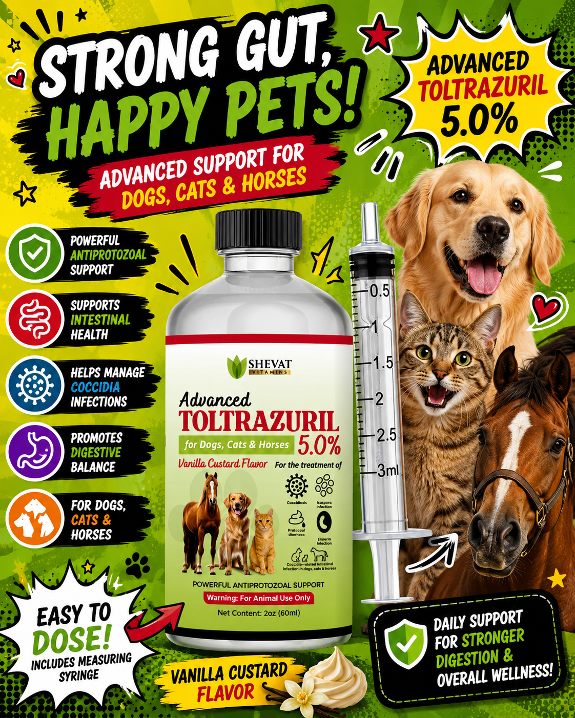 Advanced Toltrazuril 5.0% for Dogs, Cats & Horses: Supporting Healthy Digestion and Intestinal Wellness